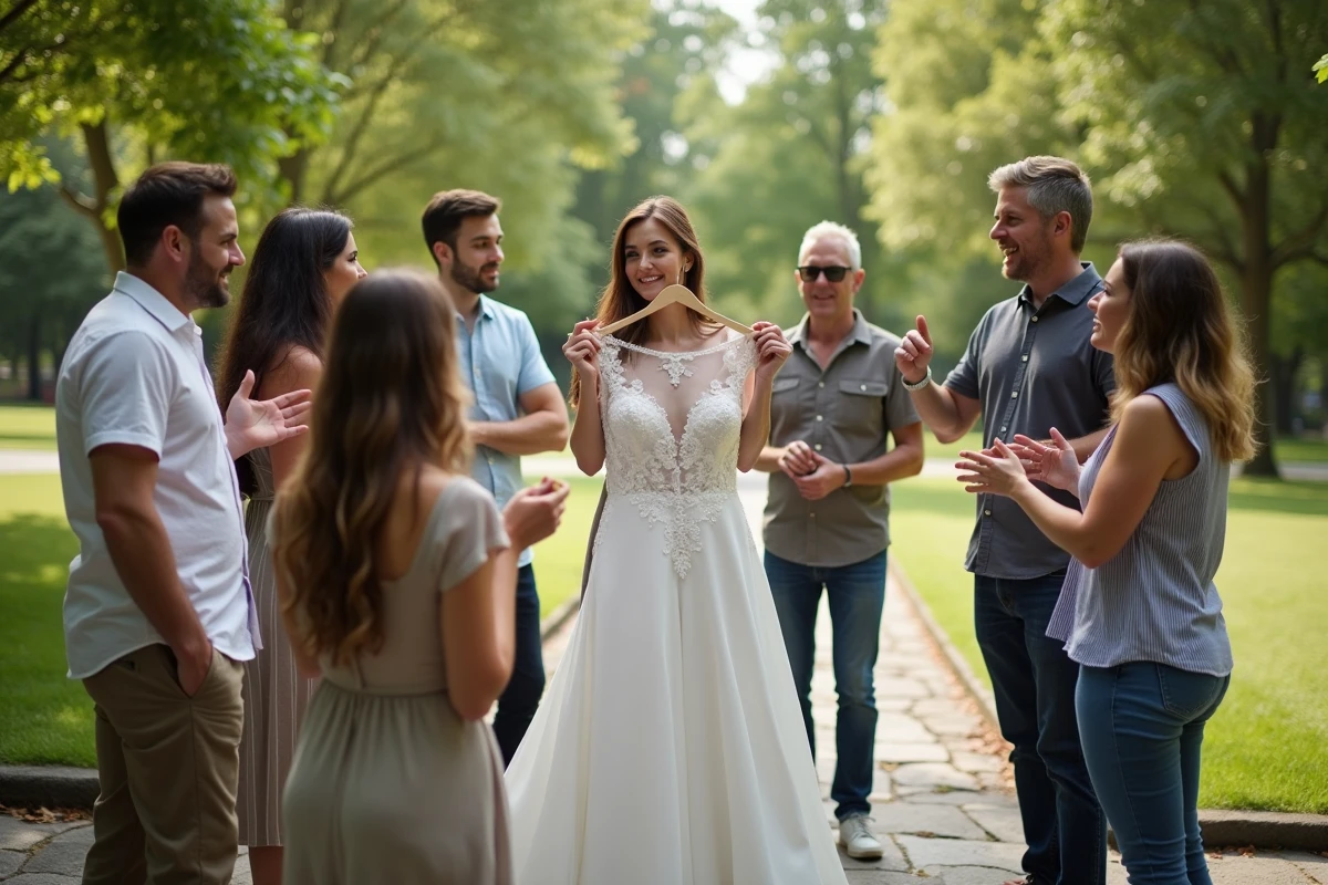 Groupe d amis et famille dans un parc à Nantes avec la mariée
