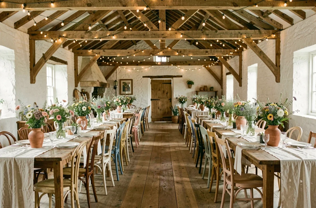Intérieur de grange rénovée à la Ferme Garel aménagée en salle de mariage champêtre avec guirlandes et tables en bois
