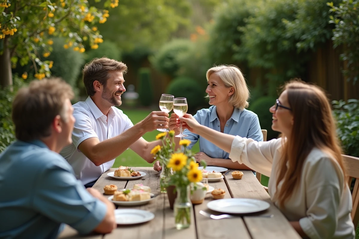 Groupe d amis célébrant un anniversaire dans un jardin
