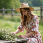 Jeune femme arrangeant des fleurs sauvages en plein air