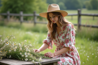 Jeune femme arrangeant des fleurs sauvages en plein air