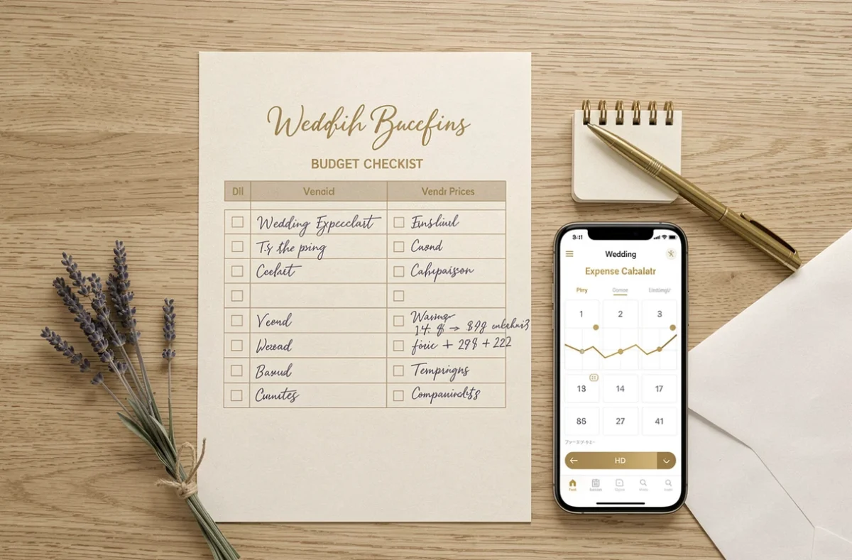 Vue à plat d'un espace de planification de mariage avec liste de budget, carnet de prix et calculatrice pour organiser les dépenses