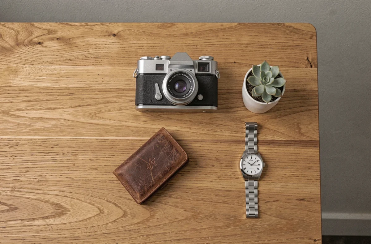 Flat lay de photographie produit avec appareil photo vintage, montre et accessoires sur bois naturel