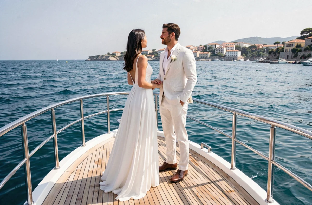 Photographie de mariage destination sur un yacht de luxe dans une baie de la Côte d'Azur près d'Antibes