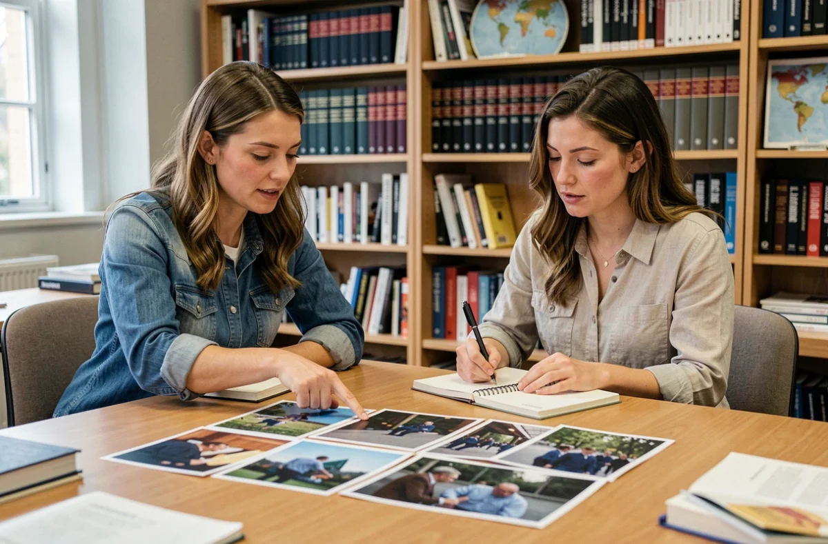 Deux femmes journalistes analysant des photographies de conflit lors d'une session de formation en école de journalisme