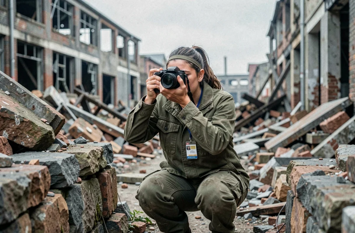 Femme photographe en formation se positionnant derrière un mur en zone urbaine dévastée lors d'un exercice de terrain