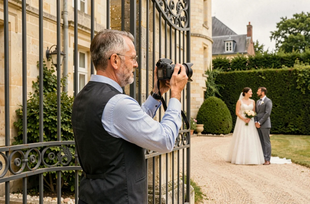 Frédéric Gras Photographe, cadrant un portrait de mariés devant un château dans les Yvelines