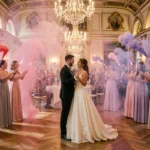 Couple de mariés dansant l'ouverture de bal entouré de fumigènes roses et violets dans un château élégant