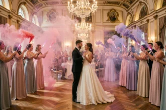 Couple de mariés dansant l'ouverture de bal entouré de fumigènes roses et violets dans un château élégant
