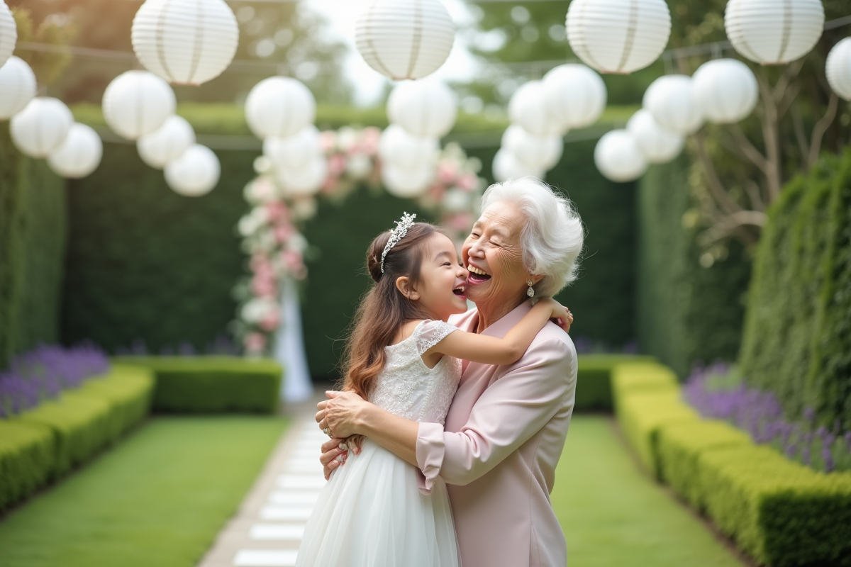 Grand-mère et enfant riant dans un jardin lors d