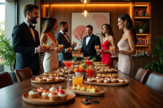 Groupe d'amis élégants lors d'une soirée conviviale