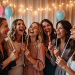 Groupe d'amis souriants dans un photobooth festif