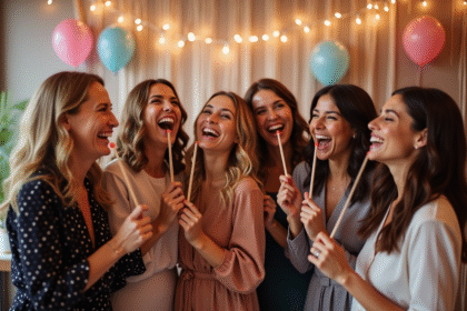 Groupe d'amis souriants dans un photobooth festif