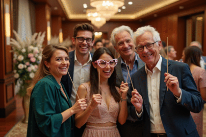 Groupe d'amis et seniors souriants dans un photobooth mariage