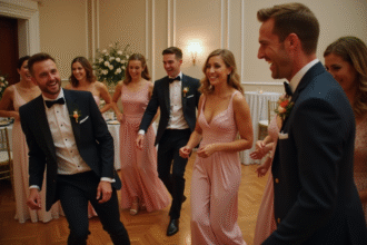 Groupe d'invites élégants jouant à un jeu lors d'un mariage