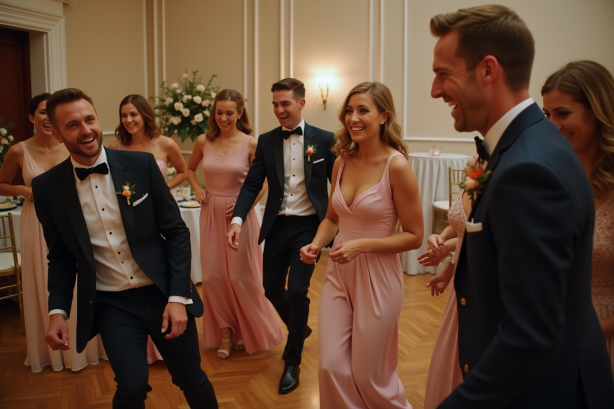 Groupe d'invites élégants jouant à un jeu lors d'un mariage