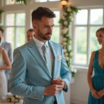 Invité de mariage élégant ajustant sa veste bleu pastel