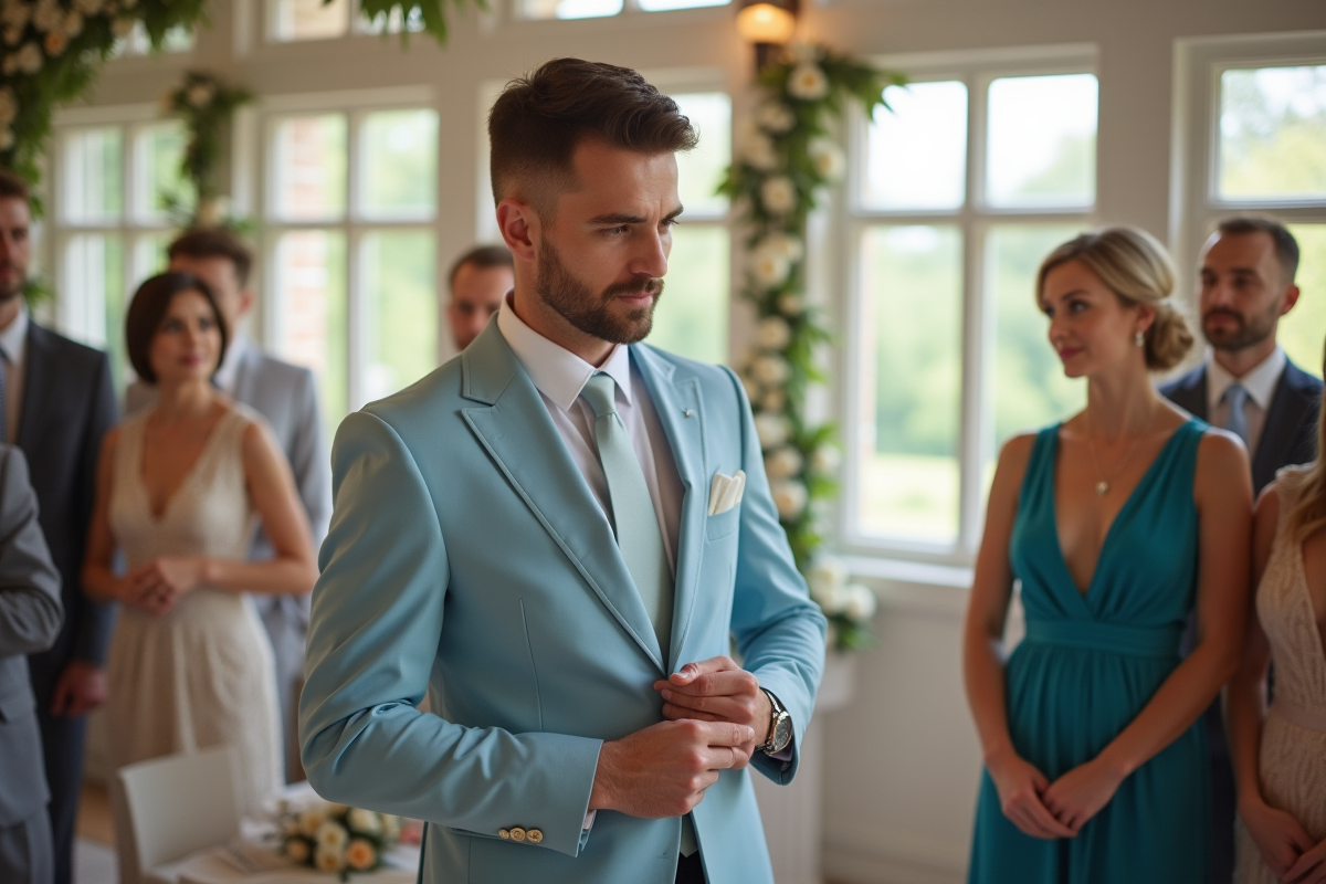 Invité de mariage élégant ajustant sa veste bleu pastel