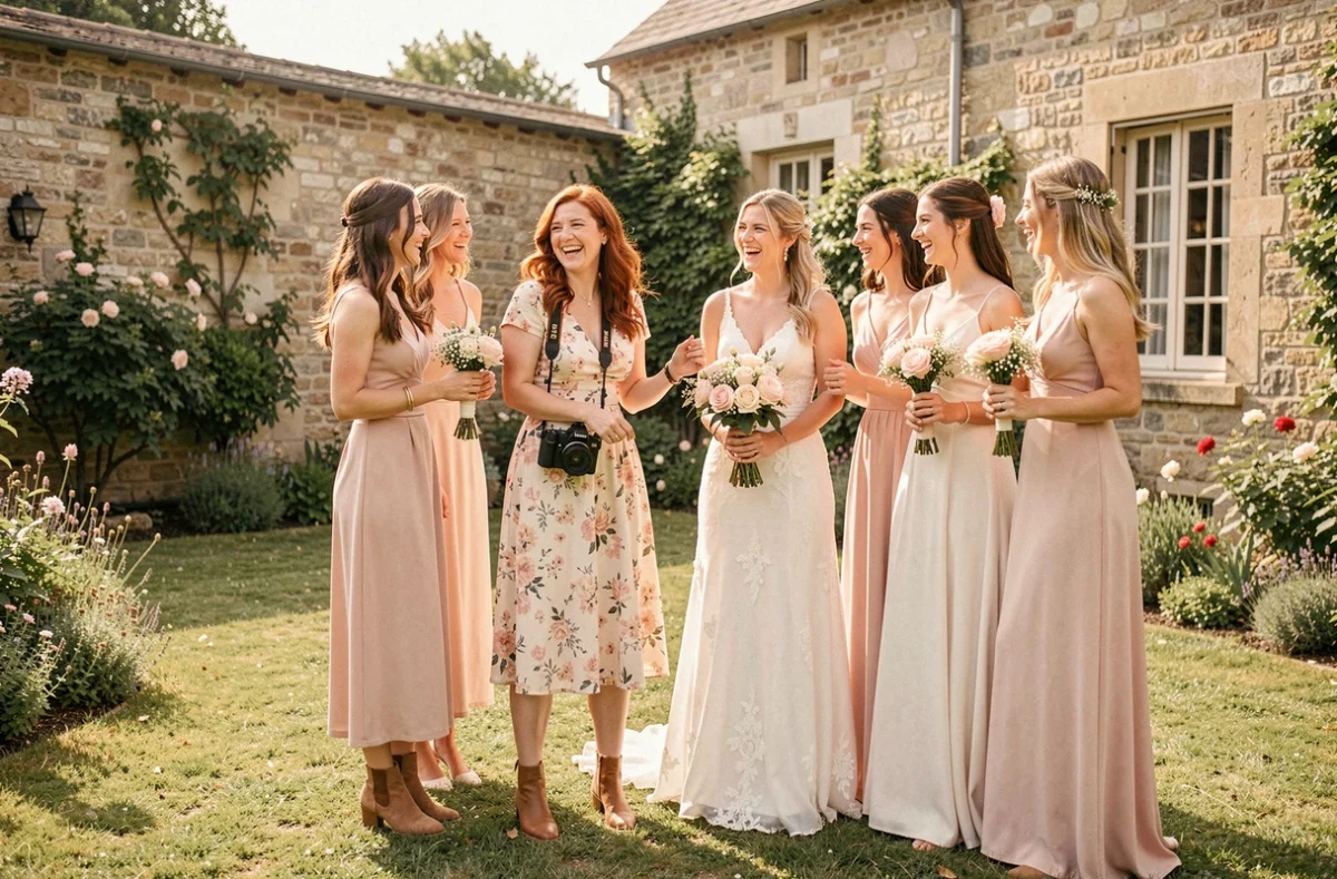 Hamel Victoria Photographe, interagissant chaleureusement avec la mariée et ses demoiselles d'honneur dans un jardin des Yvelines