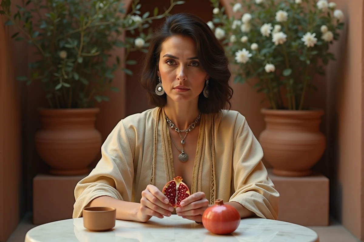 Femme au regard contemplatif tenant une figurine de paon dans une cour intérieure antique entourée de plantes méditerranéennes, illustration de la jalousie et du pouvoir d'Héra épouse de Zeus
