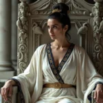 Femme au visage impérieux assise sur un trône de marbre orné de paons, vêtue d'une robe ivoire drapée aux broderies bleues, évoquant Héra déesse jalouse de la mythologie grecque