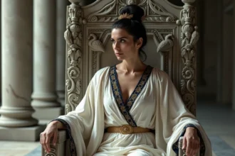Femme au visage impérieux assise sur un trône de marbre orné de paons, vêtue d'une robe ivoire drapée aux broderies bleues, évoquant Héra déesse jalouse de la mythologie grecque