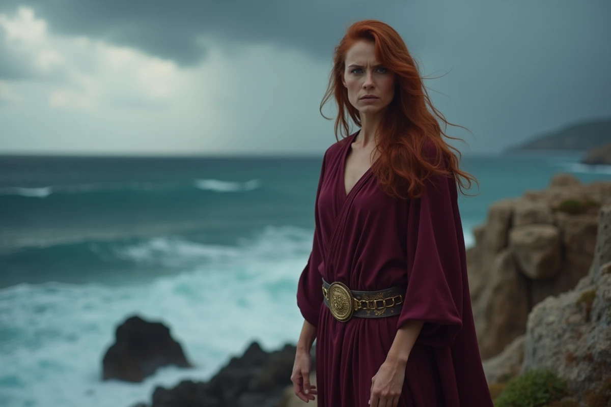 Femme aux cheveux auburn et regard intense au bord d'une falaise face à une mer Égée orageuse, symbolisant la vengeance et la colère d'Héra dans la mythologie grecque