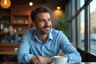 Homme pensif assis seul dans un café moderne