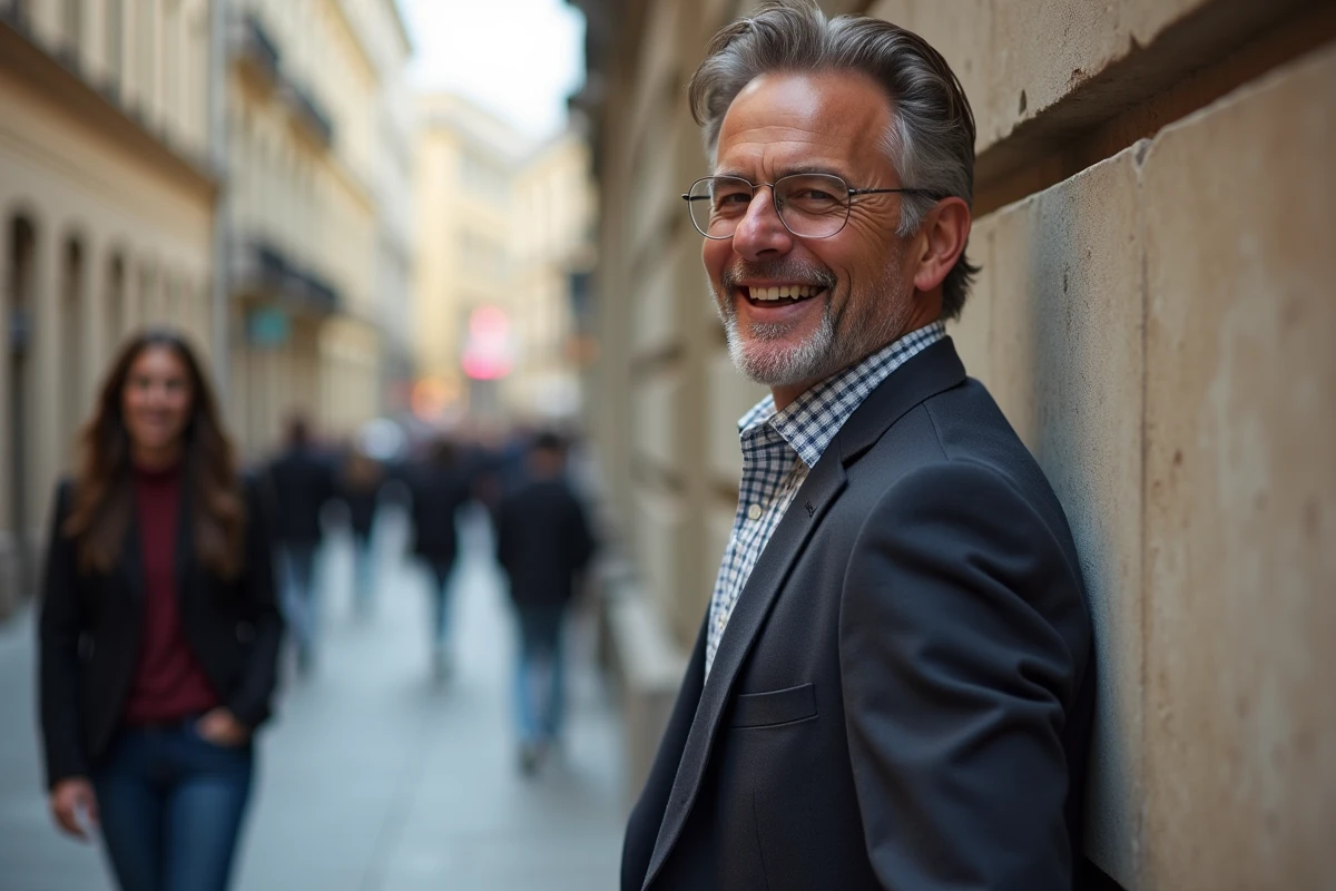 Homme souriant en discussion en extérieur en ville