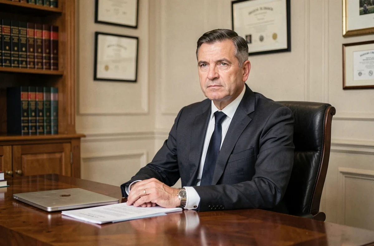 Homme en costume sombre assis à un bureau officiel dans un cadre institutionnel formel