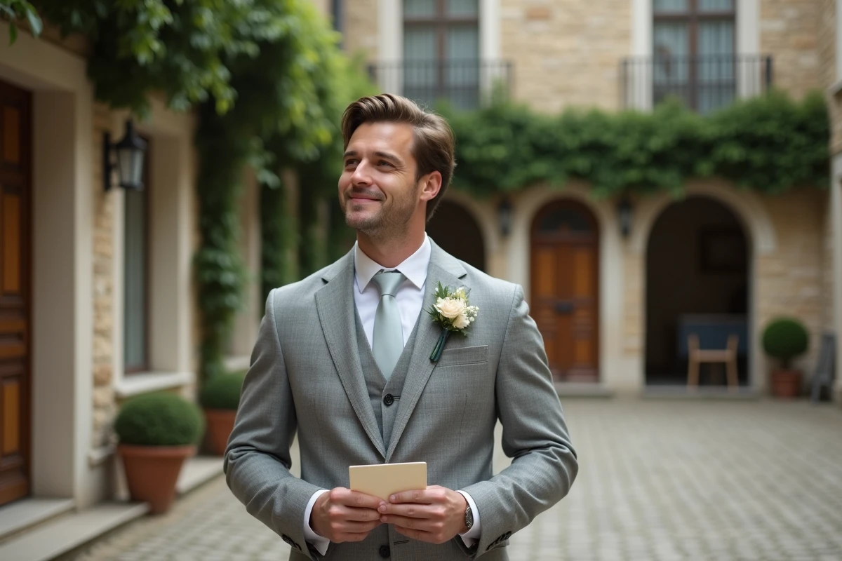 Homme en costume gris clair tenant une enveloppe devant un immeuble parisien en pierre, sourire nostalgique évoquant l'univers du mariage et des confidences
