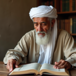 Musulman âgé lisant un livre religieux dans une ambiance studieuse