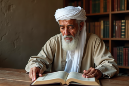 Musulman âgé lisant un livre religieux dans une ambiance studieuse