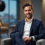 Homme élégant en costume marine interviewé sur un plateau de télévision, partageant des confidences lors d'une émission, ambiance studio réaliste