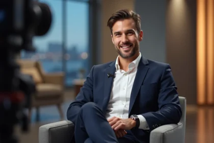 Homme élégant en costume marine interviewé sur un plateau de télévision, partageant des confidences lors d'une émission, ambiance studio réaliste