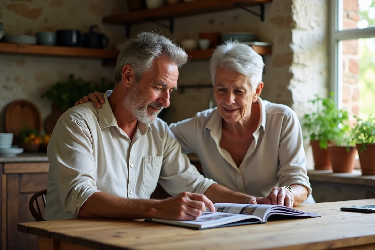 Homme regardant un album photo dans la cuisine chaleureuse