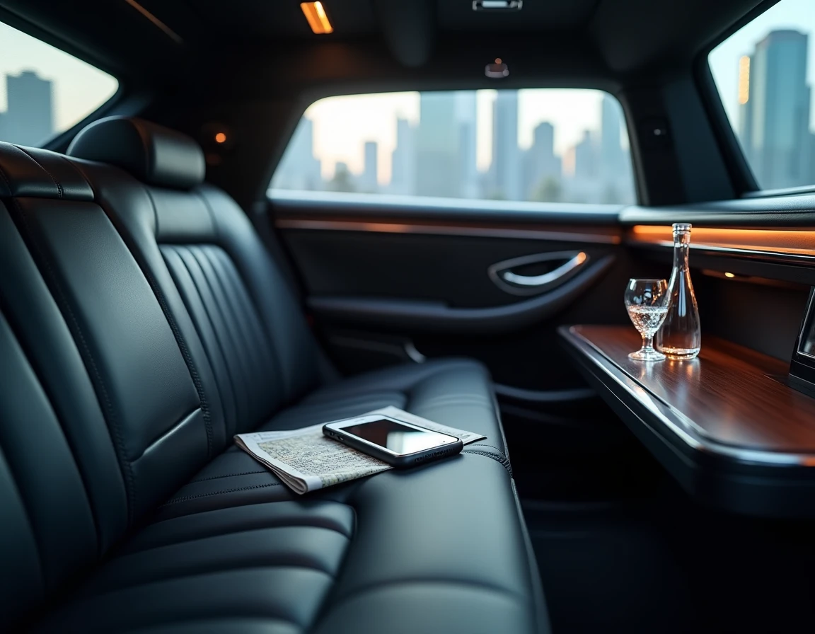Intérieur luxueux d'une limousine avec smartphone affichant une application de location à l'heure ou au forfait