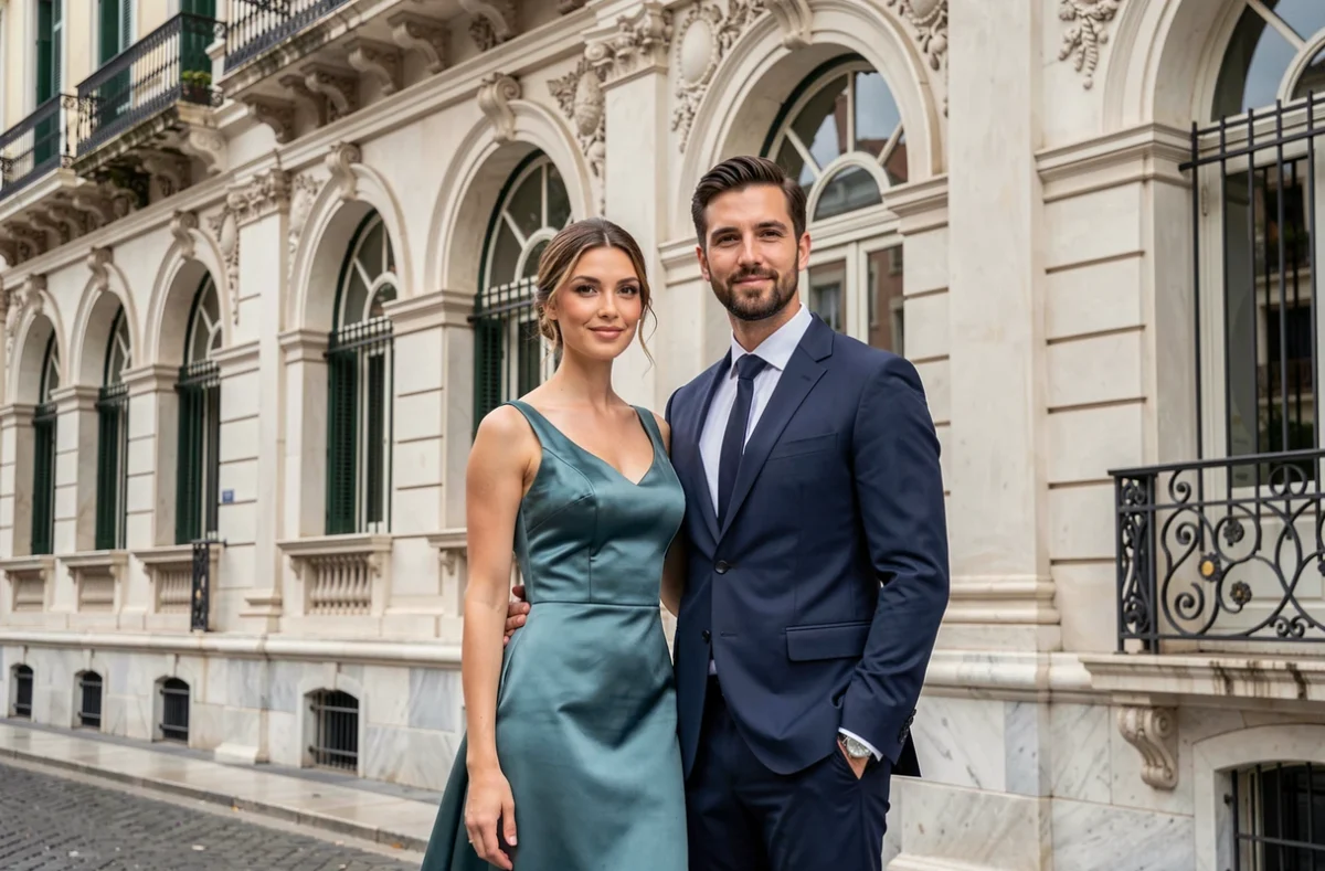 Portrait de mariage élégant d'un couple devant une façade baroque de Nice réalisé par un photographe portraitiste