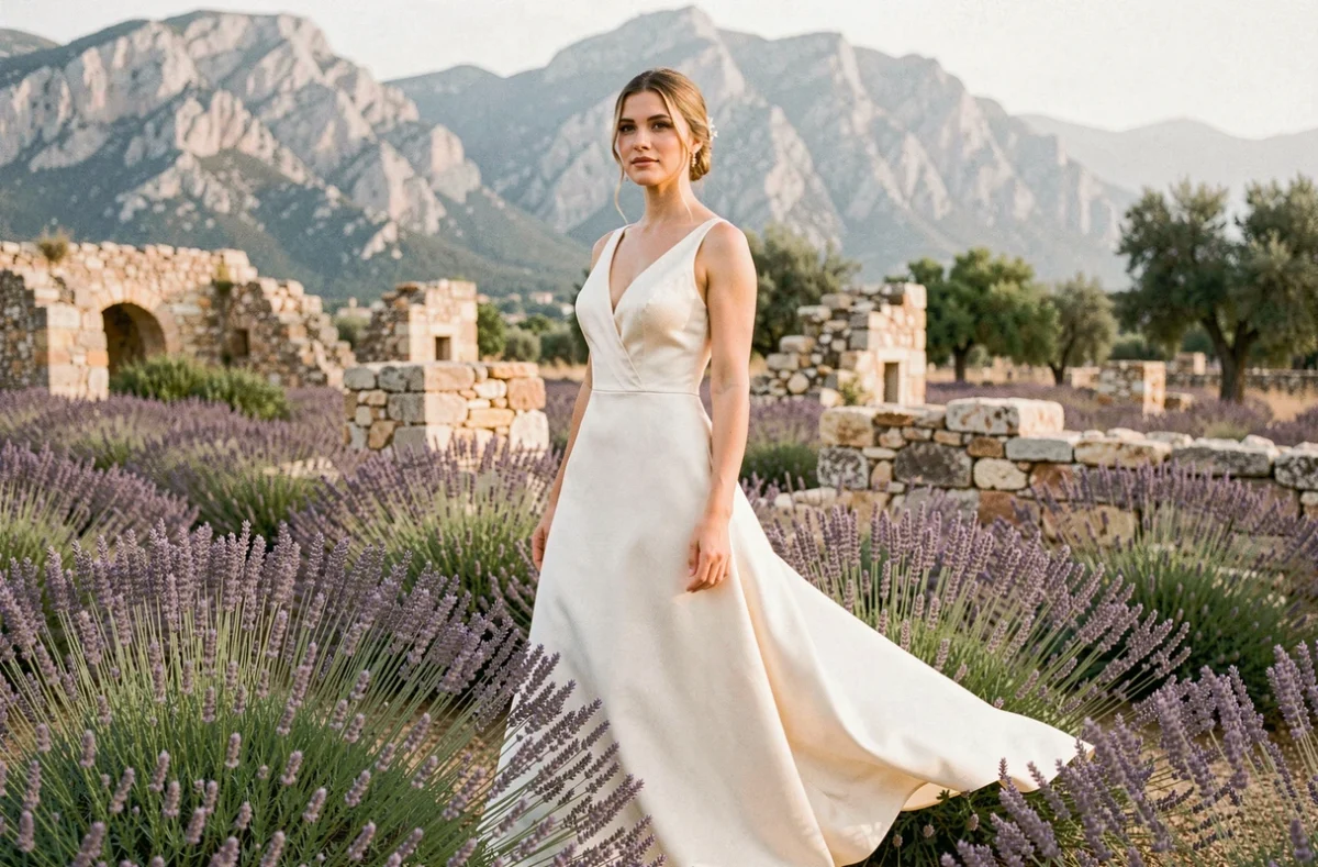 Photographie de mariée dans un style fine art dans un champ de lavande avec les collines des Alpes-Maritimes en arrière-plan