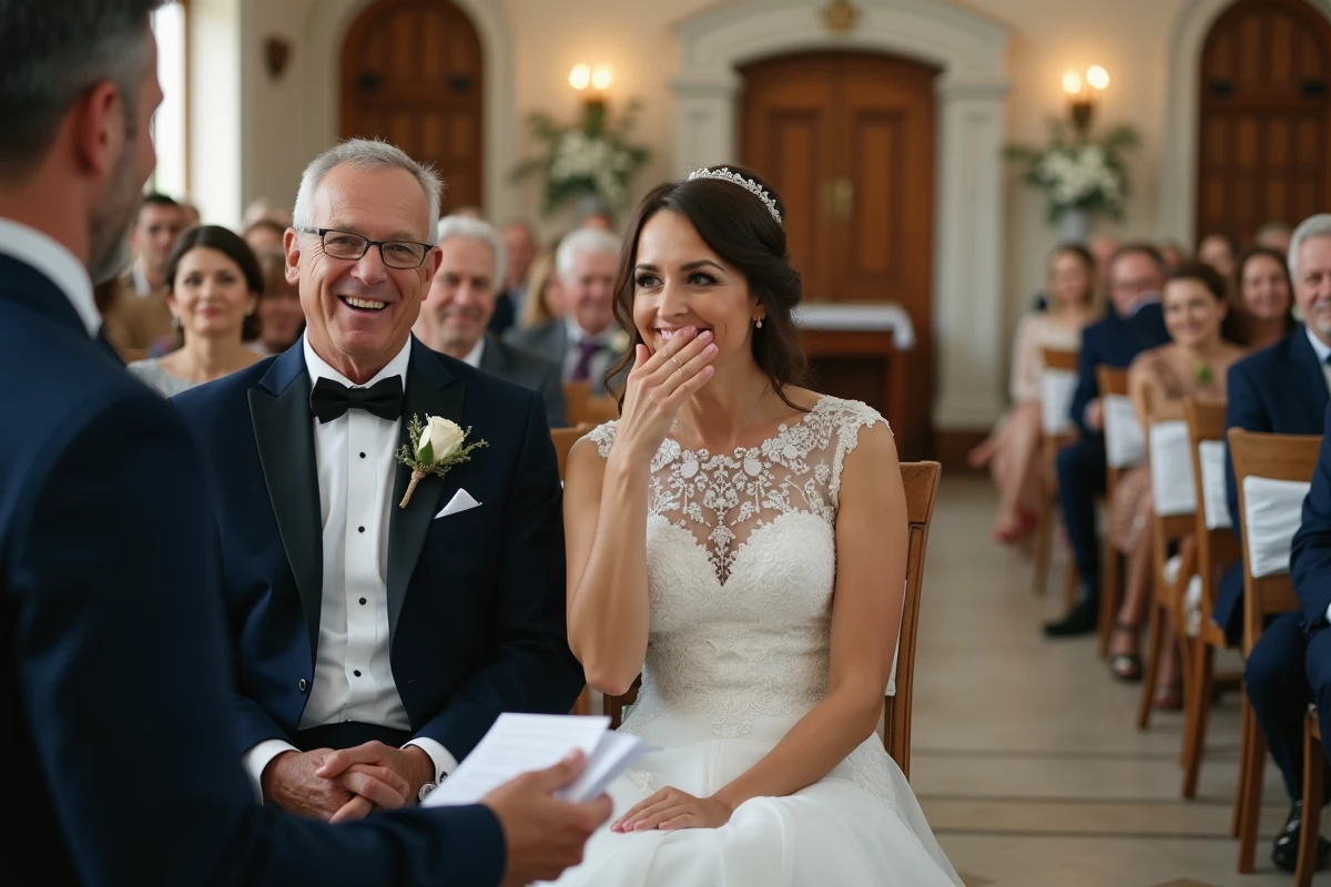 Mariés riant lors d'un jeu animé par l'officiant pendant la cérémonie de mariage civile