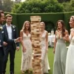 Groupe d'invités en tenue élégante jouant au Jenga géant lors d'une réception de mariage en plein air