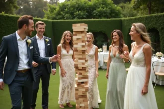 Groupe d'invités en tenue élégante jouant au Jenga géant lors d'une réception de mariage en plein air