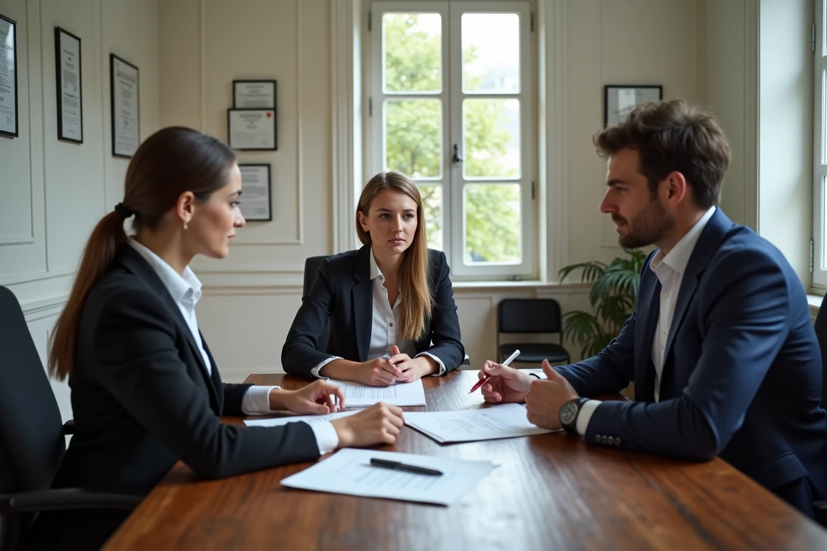 Jeune couple consultante avec une avocate dans un bureau lumineux