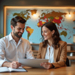 Jeune couple en agence de voyage planifiant leur lune de miel
