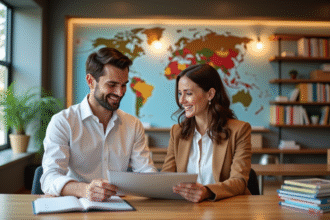 Jeune couple en agence de voyage planifiant leur lune de miel