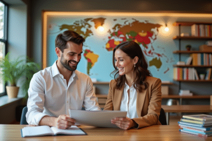 Jeune couple en agence de voyage planifiant leur lune de miel