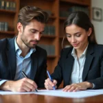 Jeune couple signant un document officiel à la mairie