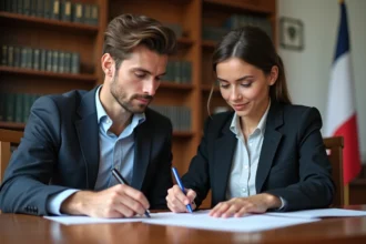 Jeune couple signant un document officiel à la mairie
