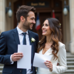 Jeune couple heureux devant la mairie en tenue de mariage