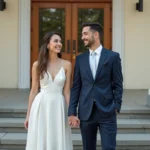 Jeune couple souriant devant la mairie lors d'un mariage